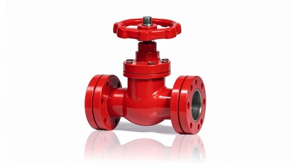 A red industrial valve with flanged ends and a handwheel sits isolated against a white background, showcasing its metal construction, mechanical design, and utility in fluid control systems.