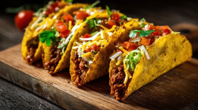 Five vibrant tacos filled with meat and fresh toppings offer a feast for the senses.