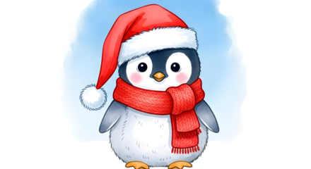Cute cartoon penguin wearing a red santa hat and scarf, isolated on transparent background