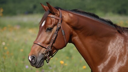 Obraz premium Dark bay stallion's head adorned with a bridle