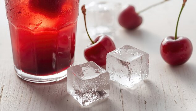 Fresh juice featuring cherries and ice, close-up view, ideal for refreshing summer drinks