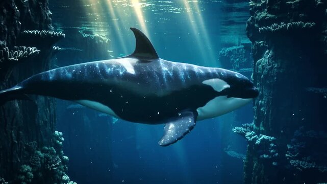 Una majestuosa orca adulta pasando entre imponentes muros de coral