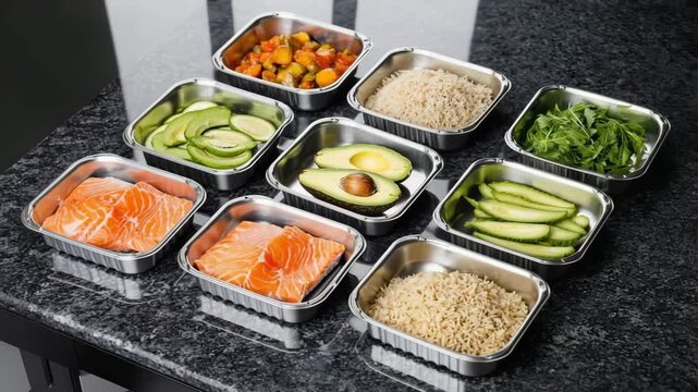 Meal prep ingredients including fresh salmon avocado rice and vegetables in stainless steel containers for healthy eating