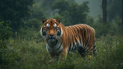 Obraz premium Wild big cat in its natural environment, endangered species in the forest during seasonal change.