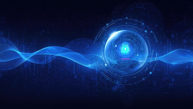 Digital safety landscape in virtual space. Abstract blue waveforms in large-scale data. Futuristic cybertech concept.