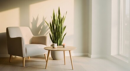 Fototapeta premium Cozy, sunlit room with armchair, plant, and wooden side table