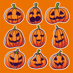 A set of nine Halloween pumpkins white color outline with different expressions