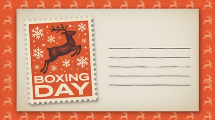 Boxing day stamp with reindeer and snowflakes on a postcard background