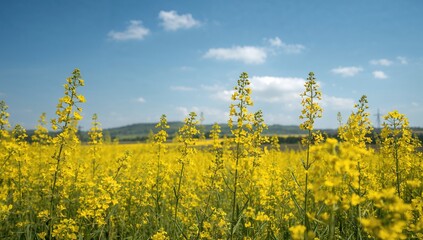 Bright yellow field of blossoming rapeseed plants