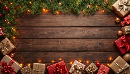 Gifts and lights arranged to form a decorative border with empty center for text