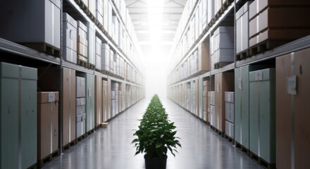 Obraz premium Long warehouse aisle with stacked boxes, green plants leading to light