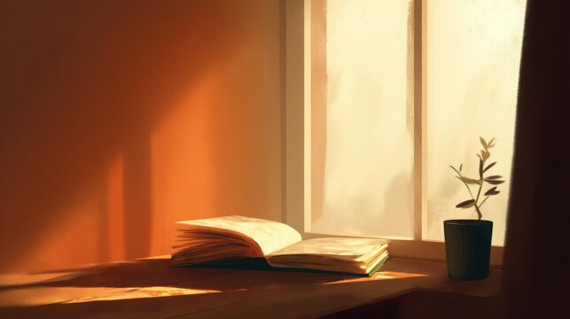 open book by window, soft sunlight, calm cozy atmosphere, warm colors, minimalist composition