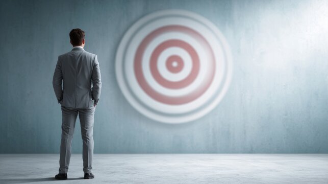 back view of businessman archer aims at a target on bright studio background