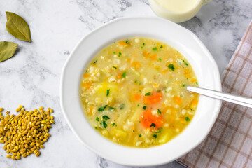 Krupnik, traditional polish barley soup with vegetables