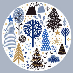Round Christmas illustration winter forest vector isolated set