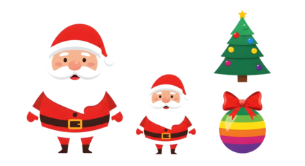 Two cartoon santas, one large and one small, stand next to a decorated christmas tree and a colorful bauble, isolated on transparent background