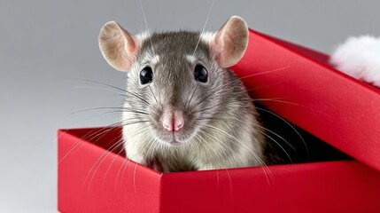 Adorable gray rat peeking out from a festive red gift box, showcasing its curious expression and soft fur, perfect for holiday-themed designs and seasonal marketing concepts