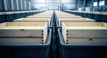 Production facility wooden boxes with yellow liquid in dark trays