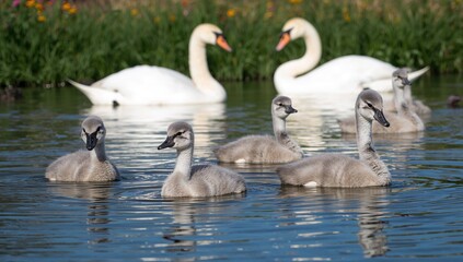 Obraz premium Charming grey and white cygnets of mute swans gliding through a serene pond, showcasing the beauty of springtime