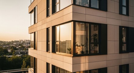 Reflective windows on a modern urban building at golden hour