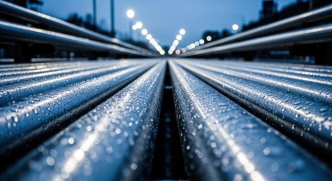 Rain-kissed parallel metal pipes converging in industrial twilight