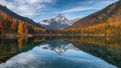 Idyllic autumn landscape featuring vibrant foliage and Dachstein mountain reflected in clear Gosausee lake, seasonal change