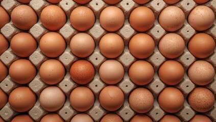 Close-up view of multiple eggs placed orderly in paper trays, highlighting their smooth surface and consistent shape.