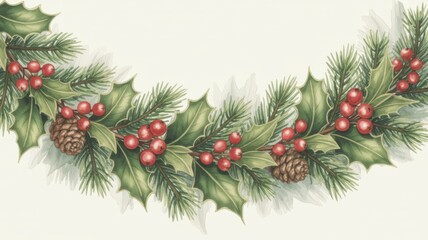 Christmas wreath with pine branches, holly leaves and red berries isolated on white background
