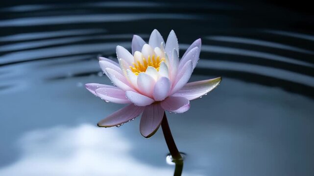 Pink water lily flower blooming in dark water with ripples and a splash creating a serene scene