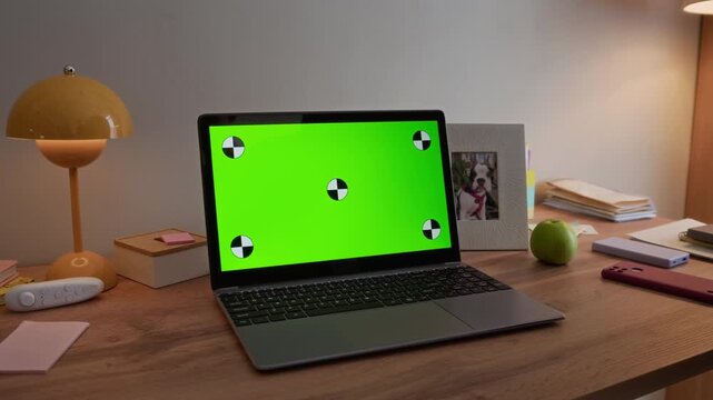 No people shot of green screen laptop on table in cozy home office space with stylish yellow lamp, photo frame and apple