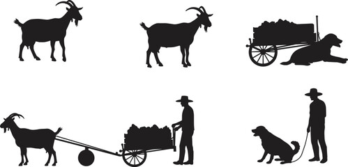 Goat dog cart silhouette vector, animal labor illustration, rural transport artwork, black flat design, cad drawing flat vector illustration © Masum's World