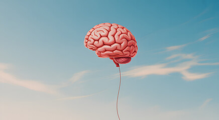 A human brain floats like a balloon in a clear blue sky