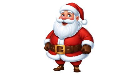 A cheerful cartoon illustration of santa claus standing and smiling, isolated on a transparent background