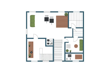 Overhead view of a floor plan showing furniture layout and staircase design