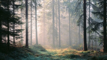 Obraz premium serene forest at dawn, light mist, soft sunlight through trees, tranquil and peaceful, pastel colors, minimalistic