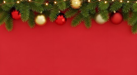 Festive fir branches with red and gold Christmas ornaments on red background top border