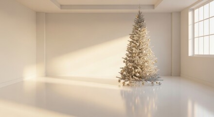 Elegant christmas tree stands in a bright minimalist room bathed in soft sunlight