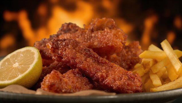 Crispy pork rinds served with lemon wedges and fries against a fiery backdrop