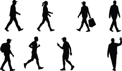 Human walking silhouette vector, casual standing poses, urban lifestyle illustration, black flat people artwork, cad drawing flat vector illustration