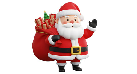 Cheerful cartoon santa claus waving hello, carrying a large sack full of christmas presents and a small decorated tree, isolated on transparent background