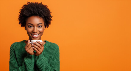 Young black woman wearing green sweater cheerful expression holding coffee cup isolated on orange background