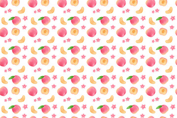 Peach seamless pattern. Pink fruits decor for wrapping paper, textile prints, banners, backgrounds.
