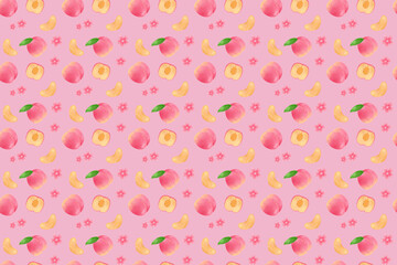 Peach seamless pattern. Flesh fruits illustration on pink background for wrapping paper, textile prints, banners, backgrounds.