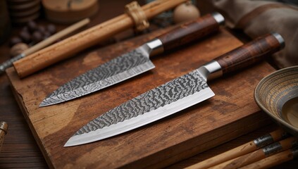 Set of Damascus steel kitchen knives on a wooden cutting board, featuring Santoku-style blades.