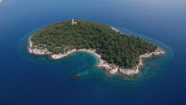 Aerial perspective of a peaceful bay bordered by greenery and rocky coastline, ideal for relaxation