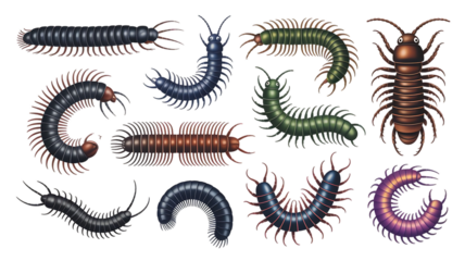 A diverse collection of colorful, detailed illustrations of centipedes and millipedes on a white background.