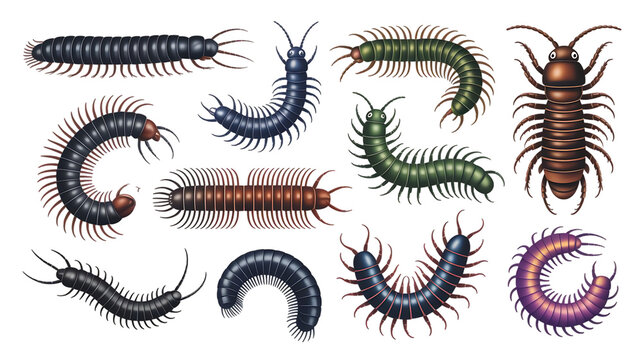 A diverse collection of colorful, detailed illustrations of centipedes and millipedes on a white background.