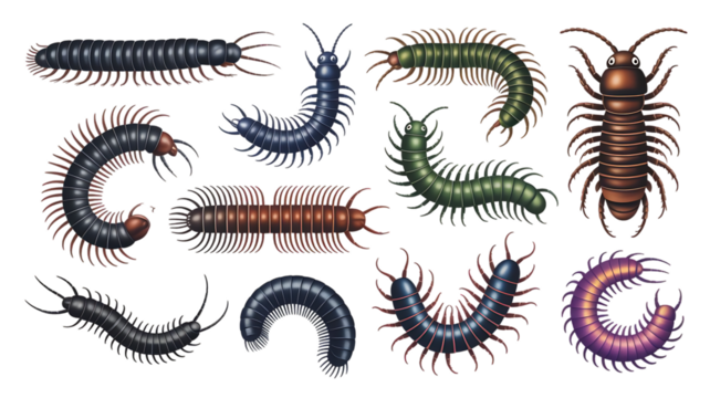 A diverse collection of colorful, detailed illustrations of centipedes and millipedes on a white background.