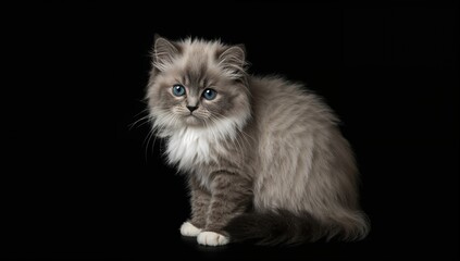 Fluffy grey and white cat with blue eyes on a dark backdrop, showcasing a sense of isolation