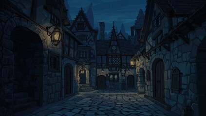 Digital artwork of a fantasy medieval village at night featuring shadowy lanes and cobblestone streets